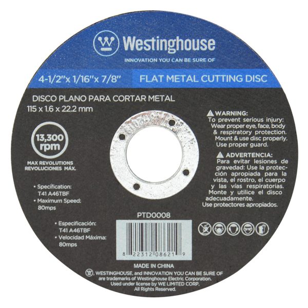 Disco Plano para Cortes en Metal de 4-½" x 1/16" x 7/8" Westinghouse